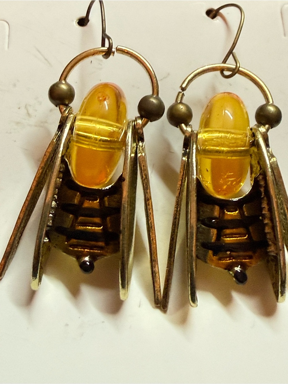 Yellow Glass & Brass Dangle Bumble Bee Earrings for Women